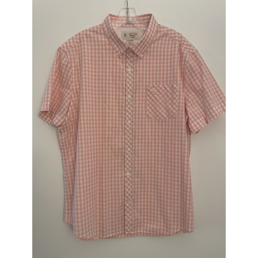 Penguin‎ by Munsingwear Shirt Men's White Pink Check Heritage Slim Fit Size XXL